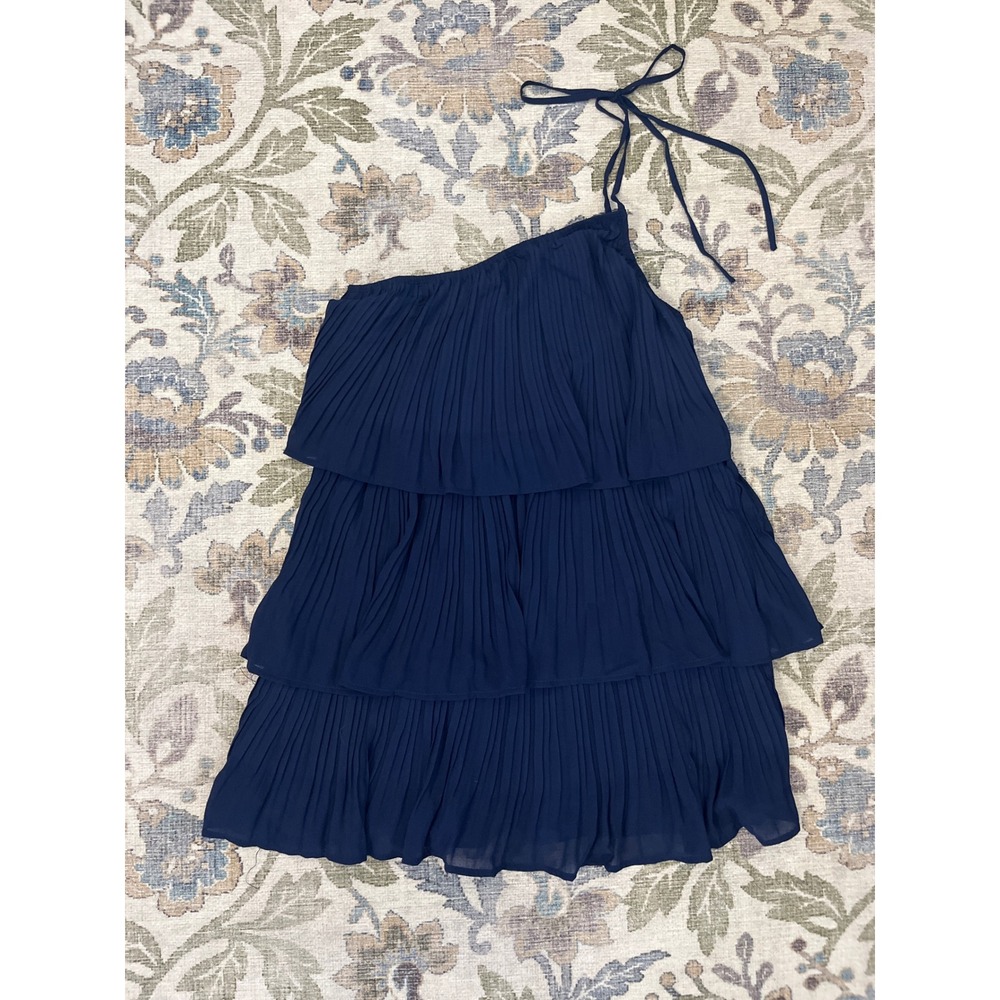 Lulus One Shoulder Tiered Mini Dress Womens Large Navy Blue Excellent Pleated